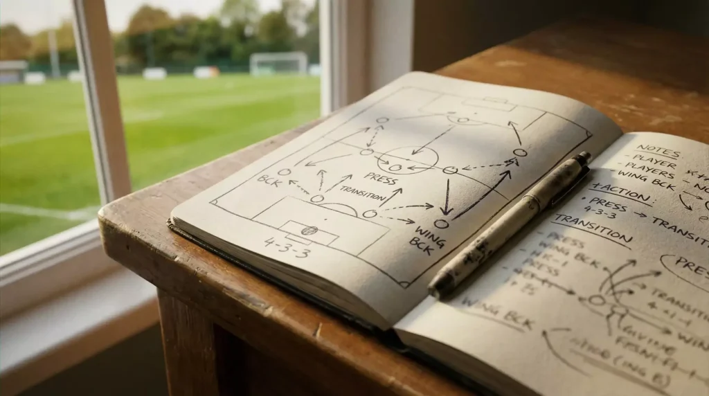 Cuaderno abierto con notas de análisis junto a un campo de fútbol visto desde la grada