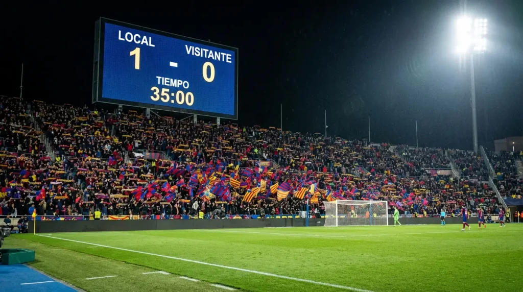 Marcador de estadio de fútbol mostrando un partido en juego