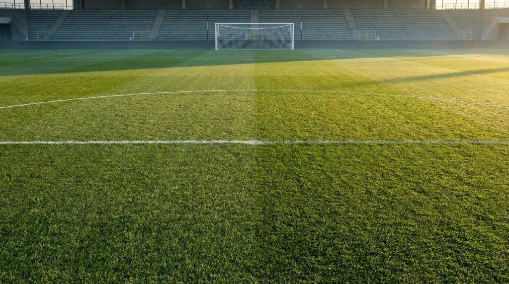 Dos porterías de fútbol en un estadio vistas desde el centro del campo