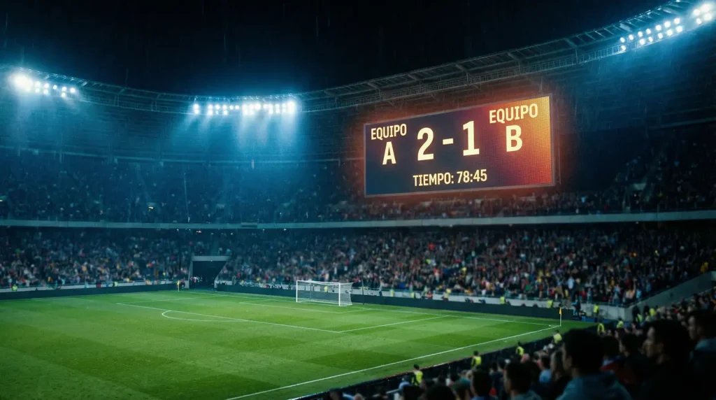 Marcador de fútbol mostrando un resultado ajustado en un estadio