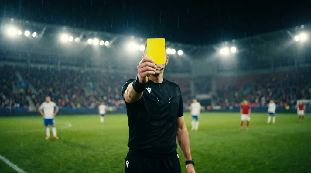 Árbitro de fútbol mostrando una tarjeta amarilla en un partido