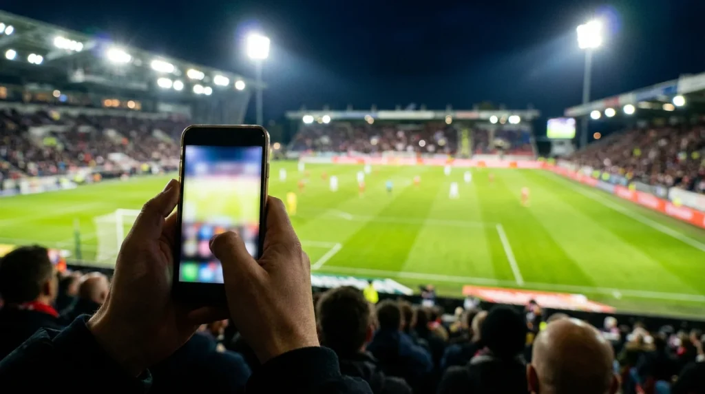 Persona viendo un partido de fútbol en vivo en un estadio con un teléfono móvil