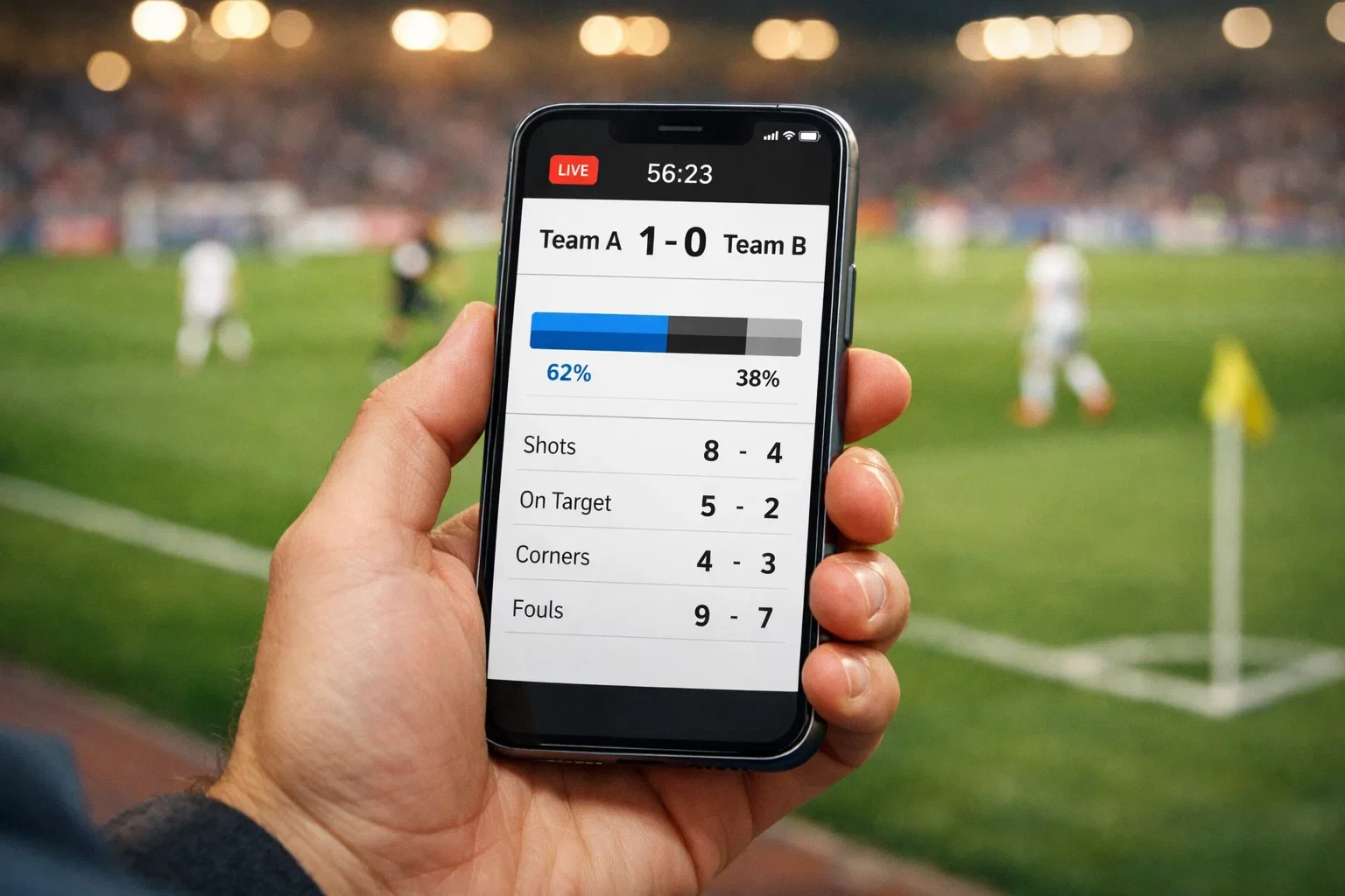 Persona sosteniendo un teléfono móvil con datos de un partido de fútbol en directo frente a un campo