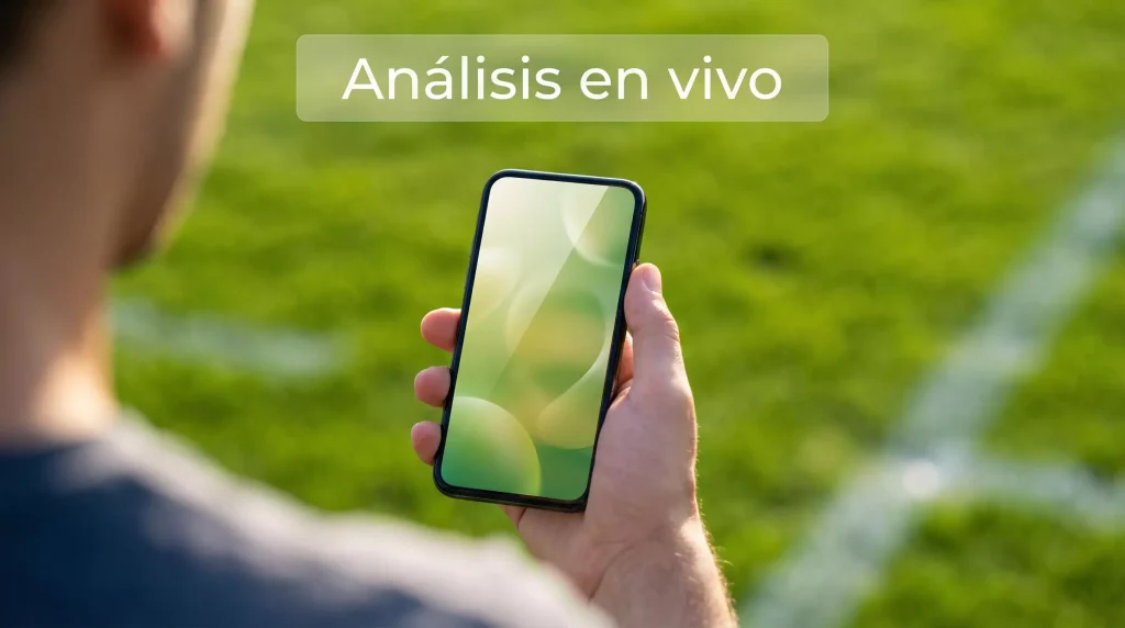 Mano sosteniendo un smartphone con pantalla encendida frente a un campo de fútbol