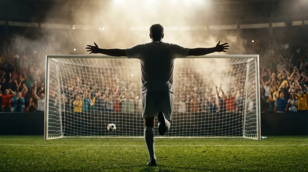 Delantero de fútbol celebrando un gol en un estadio