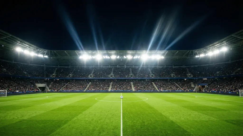 Campo de fútbol europeo iluminado de noche con ambiente de competición continental