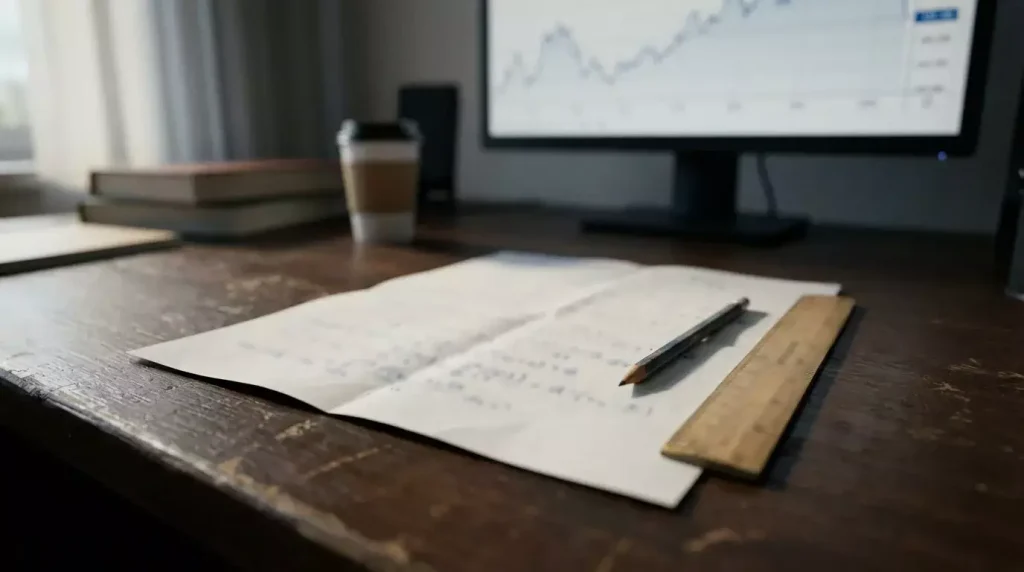 Documento con fórmulas matemáticas sobre un escritorio con notas de análisis