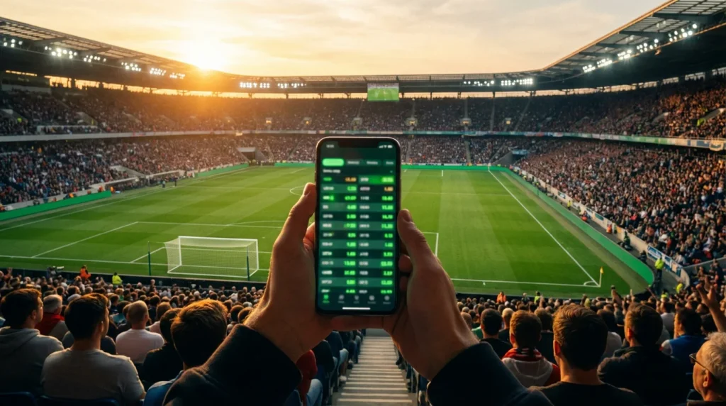 Pantalla de cuotas de apuestas de fútbol en un estadio iluminado