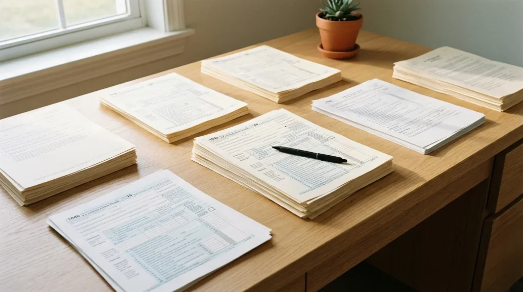 Documentos fiscales y un bolígrafo sobre un escritorio ordenado con luz natural