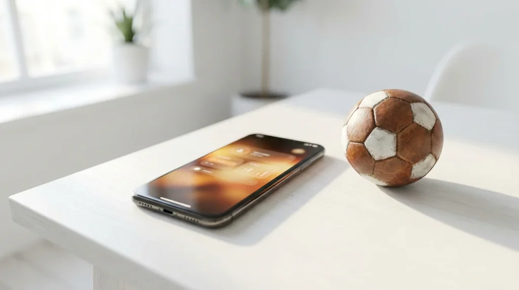 Smartphone mostrando una app de apuestas deportivas sobre un escritorio junto a un balón de fútbol pequeño