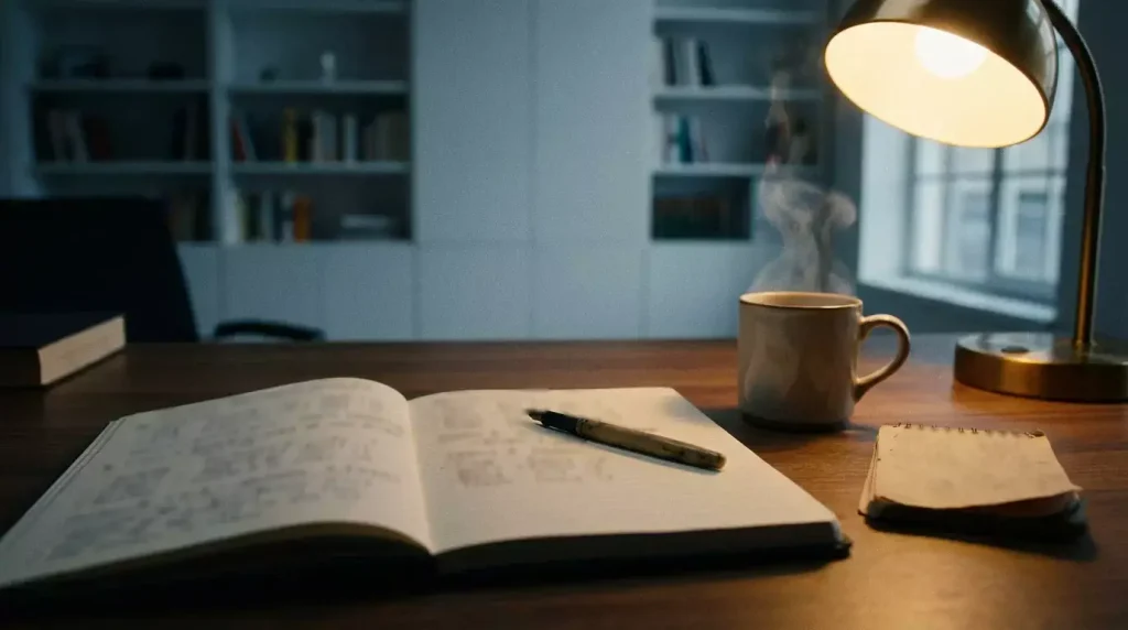 Cuaderno con anotaciones de apuestas junto a un bolígrafo sobre un escritorio