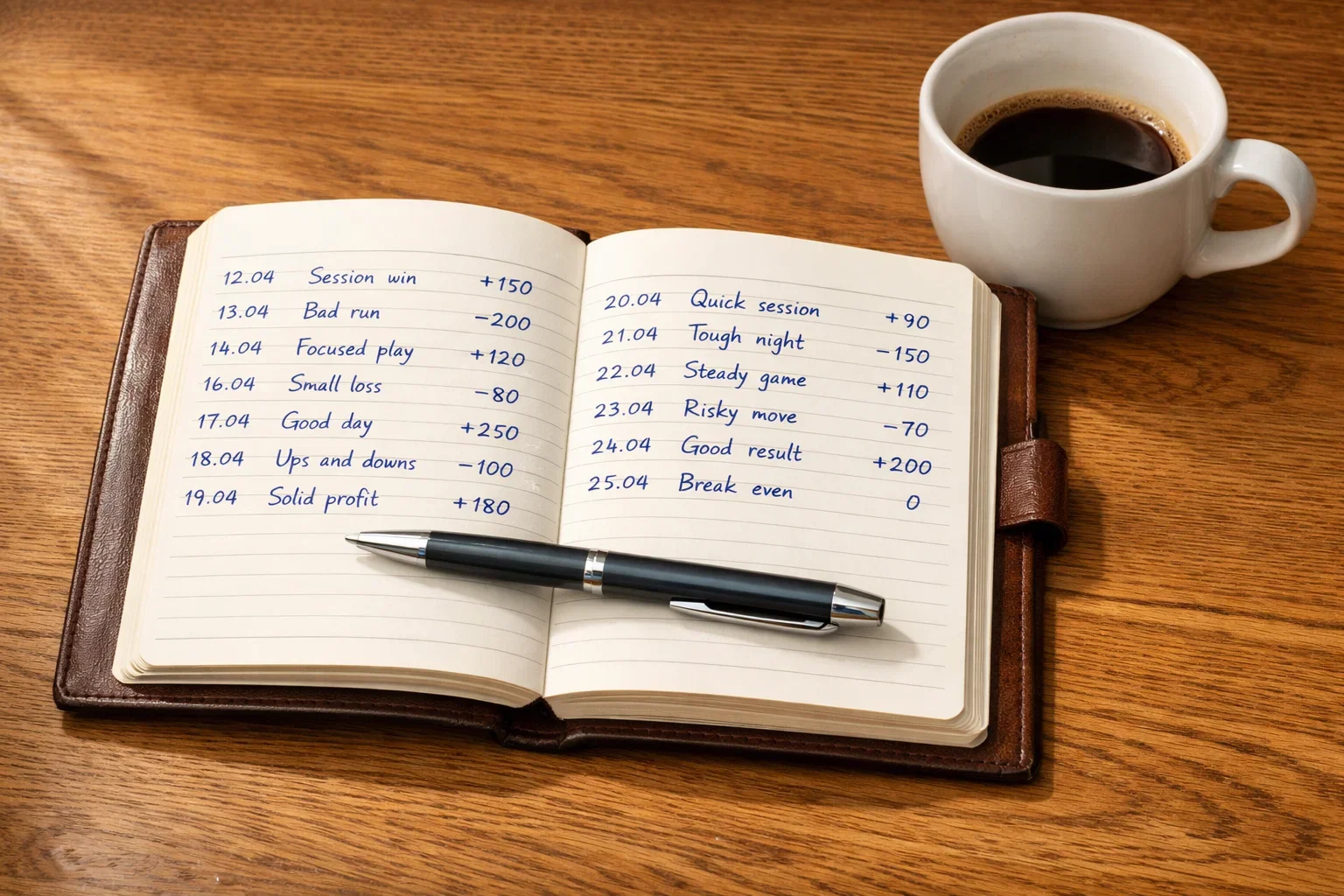 Bloc de notas con anotaciones manuscritas de apuestas junto a un bolígrafo sobre un escritorio de madera