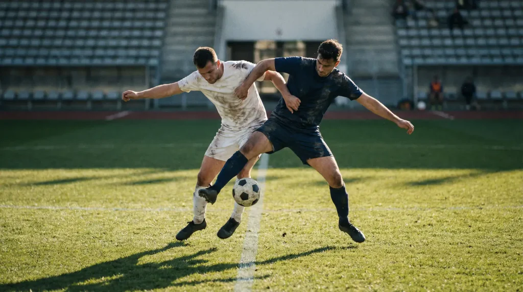 Jugadores de fútbol disputando un balón en un partido equilibrado