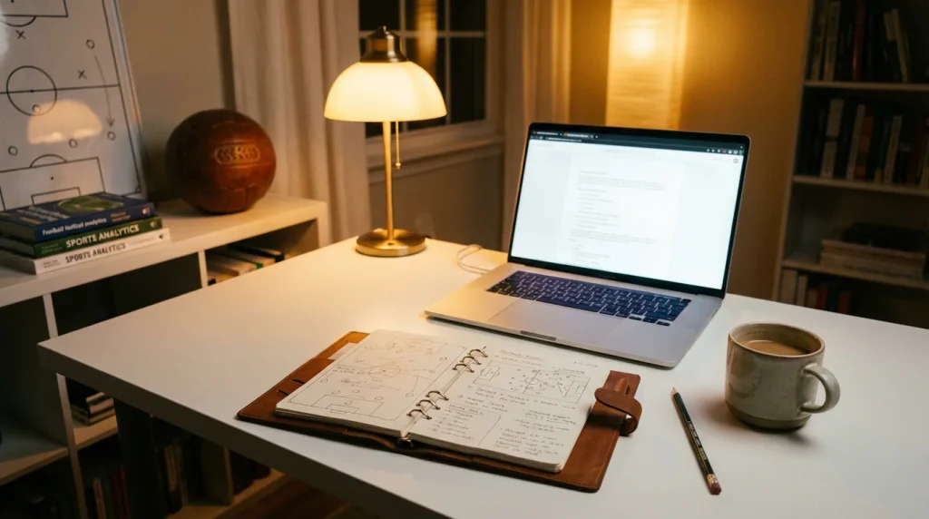 Escritorio con portátil mostrando datos de fútbol junto a una libreta de apuntes
