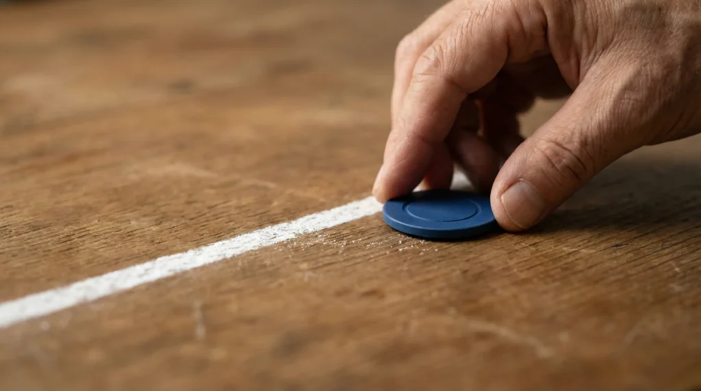 Mano colocando ficha de apuesta sobre una línea marcada como límite en una mesa