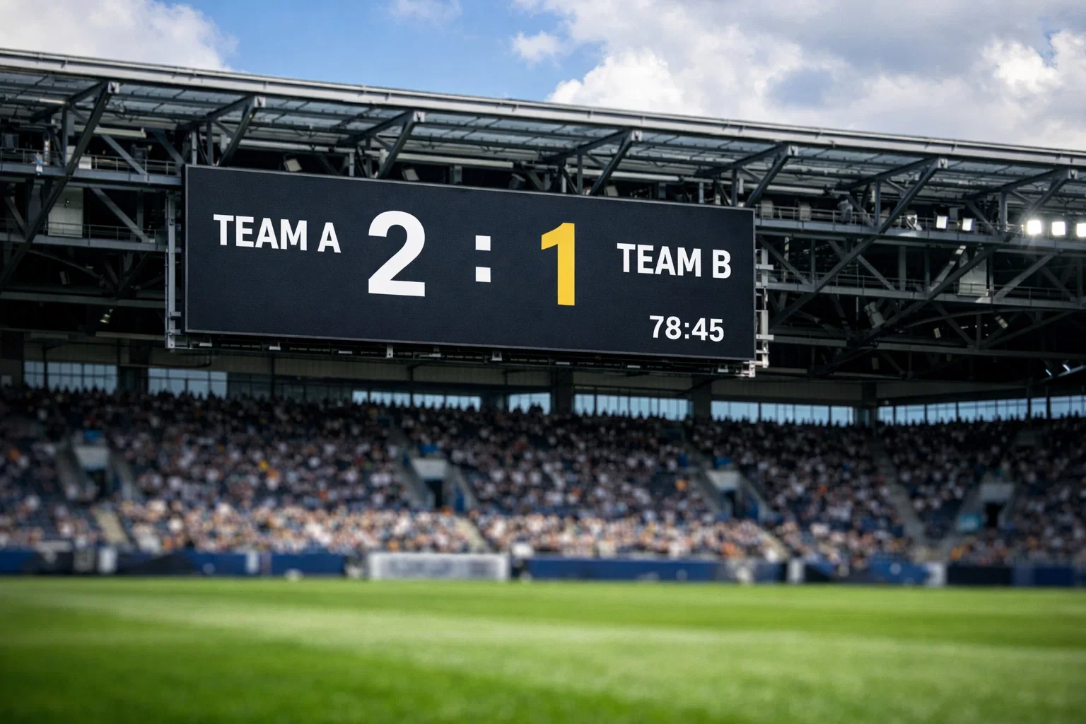 Marcador electrónico de un partido de fútbol mostrando resultado parcial en un estadio con césped