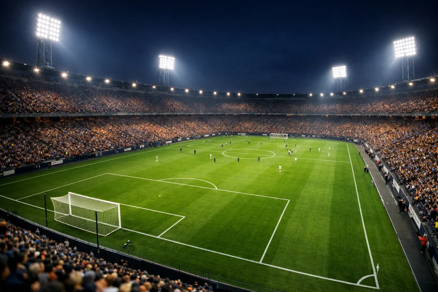 Vista panorámica de un campo de fútbol profesional europeo con tribunas llenas durante un partido de liga