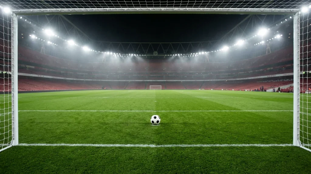 Estadio de fútbol de la Premier League con césped verde iluminado bajo focos nocturnos