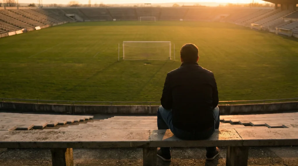 Persona sentada reflexionando frente a un campo de fútbol vacío al atardecer