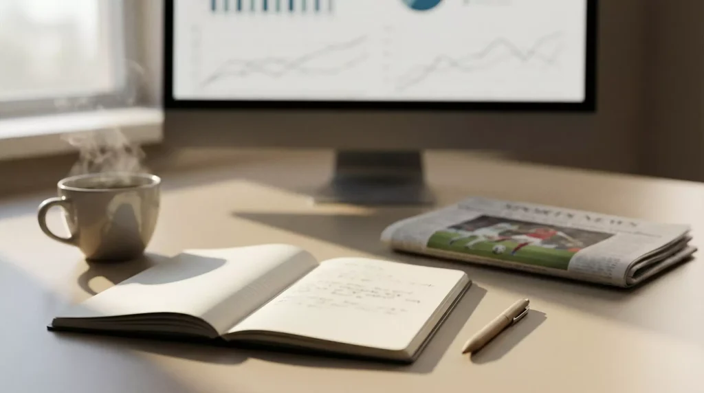 Persona analizando datos de fútbol en un escritorio con documentos