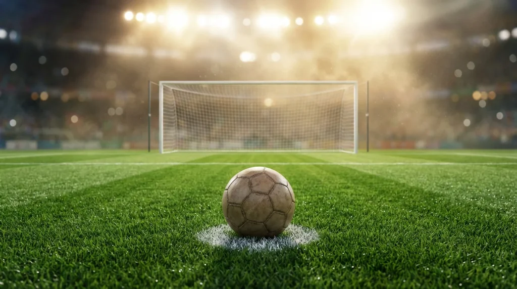 Balón de fútbol en el punto de penalti frente a la portería en un estadio iluminado